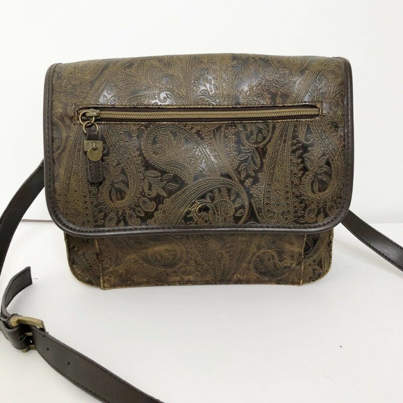 Relic Handbags - Vintage Relic Brown Paisley Tooled Faux Leather Flap Front Crossbody Satchel Bag